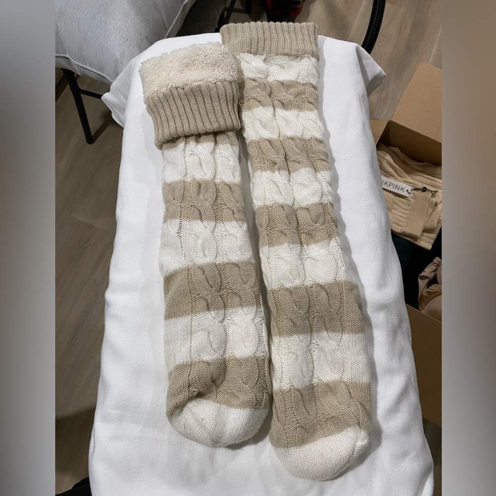 Garage Cream and Tan Fuzzy Knit Socks